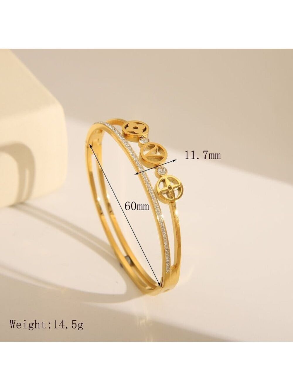 18K Gold Plated Stainless Steel Double Band V Bangle Bracelet with Zircon Accent